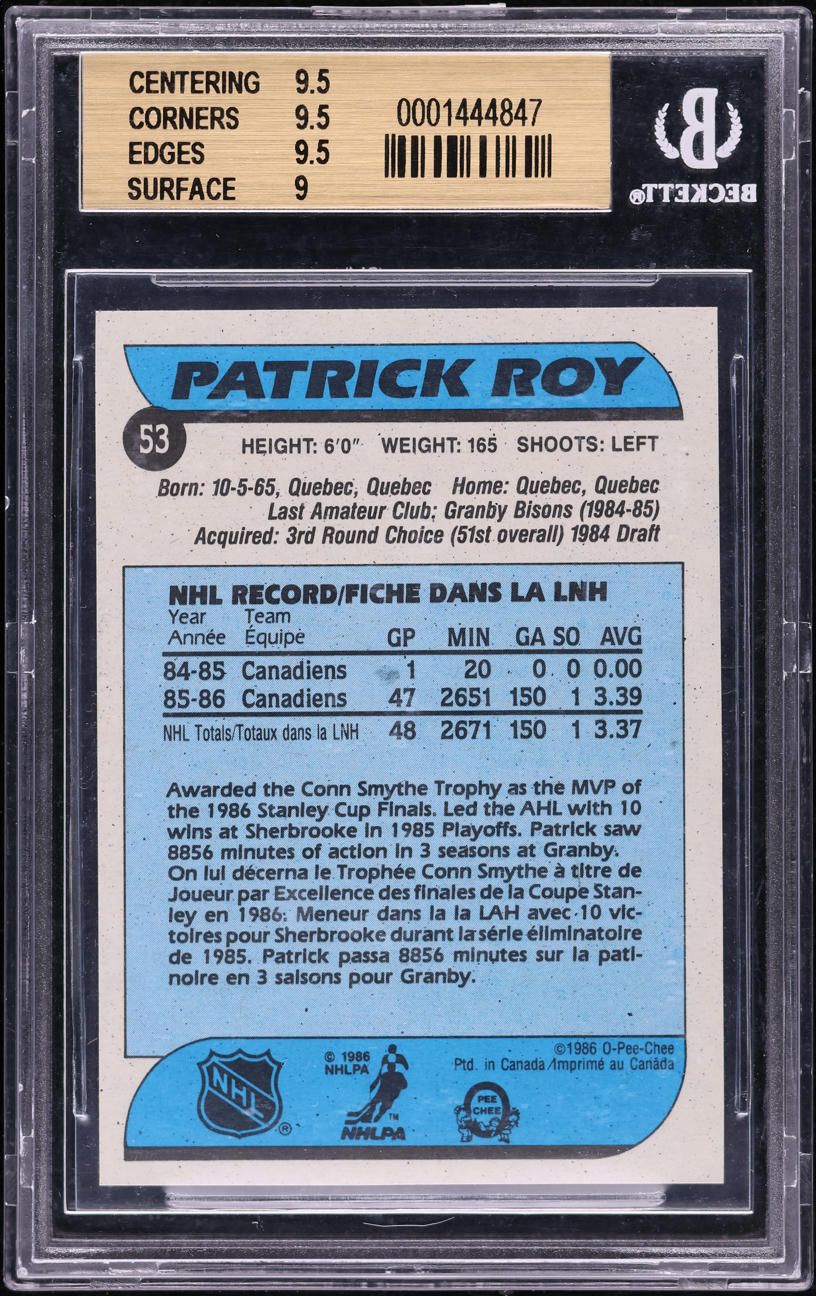 1986 O-Pee-Chee Hockey Patrick Roy ROOKIE #53 BGS 9.5 GEM MINT