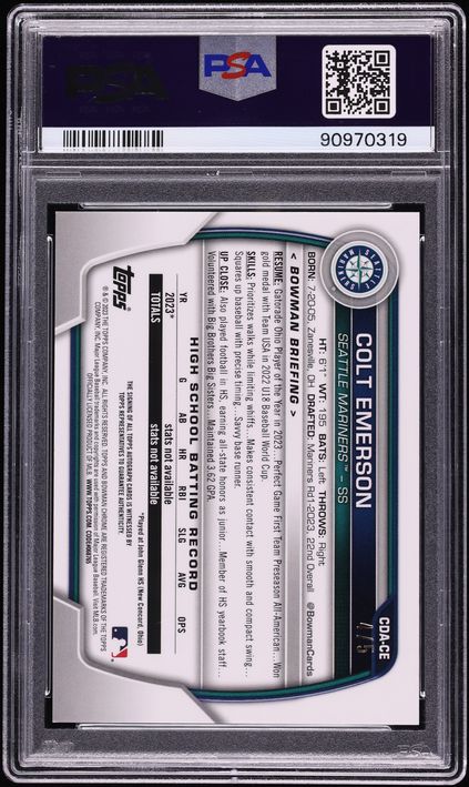 2023 Bowman Draft Chrome Red Refractor Colt Emerson PROSPECT AUTO /5 #CDA-CE PSA 10 GEM MINT
