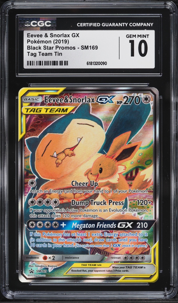 2019 Pokemon Sun & Moon Promo Tag Team Tin Full Art Eevee & Snorlax GX #SM169 CGC 10 GEM MINT