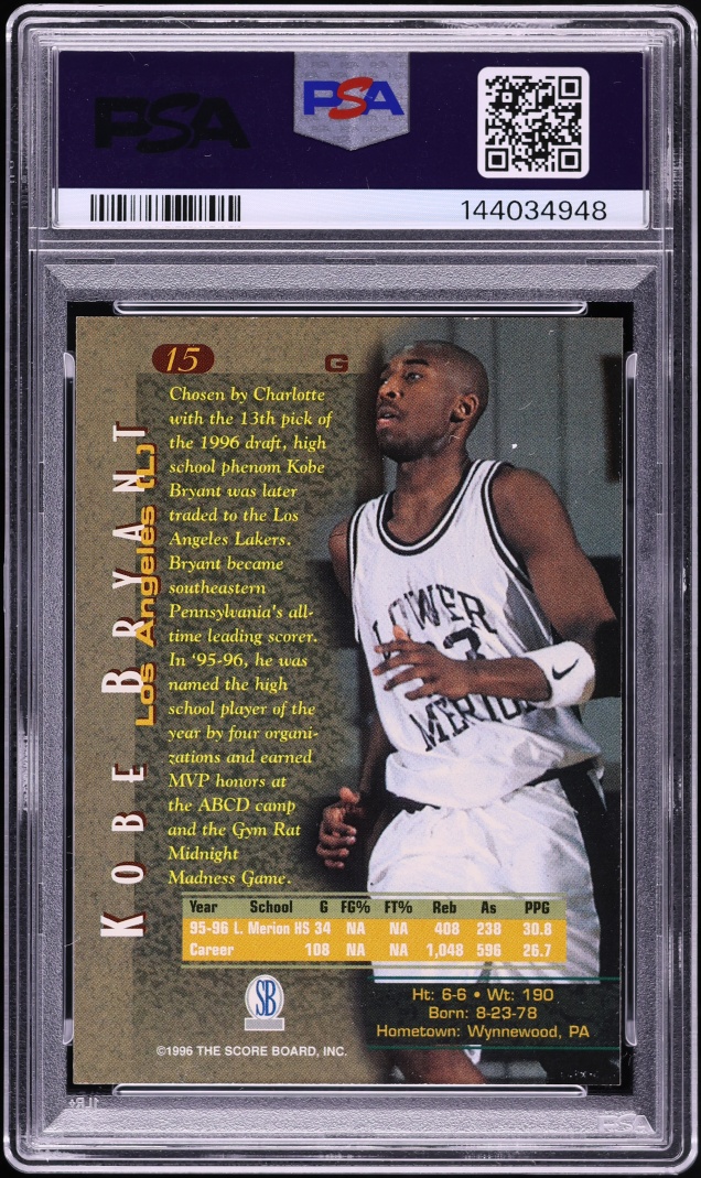 1996 Score Board Kobe Bryant ROOKIE #15 PSA 9 MINT