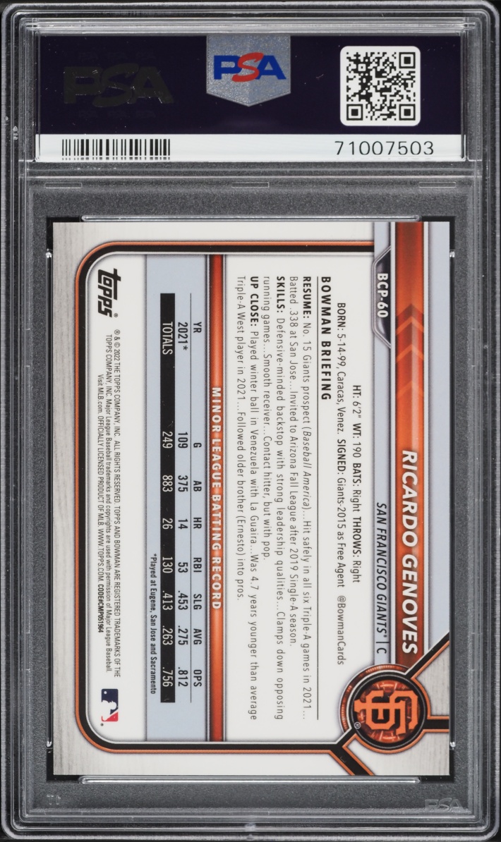 2022 Bowman Chrome Sapphire Padparadscha Ricardo Genoves PROSPECT 1/1 #BCP-60 PSA 10 GEM MINT