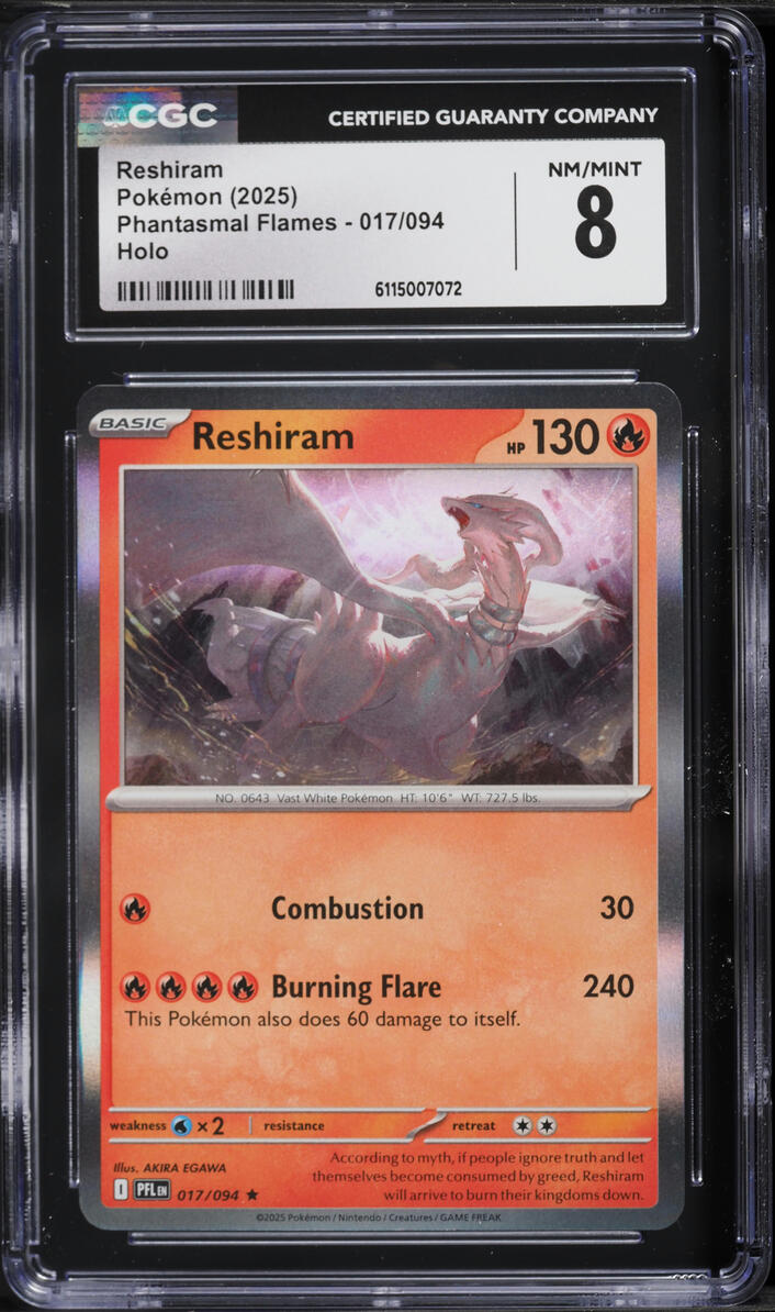 2025 Pokemon Mega Evolution Phantasmal Flames Holo Reshiram #17 CGC 8 NM-MT