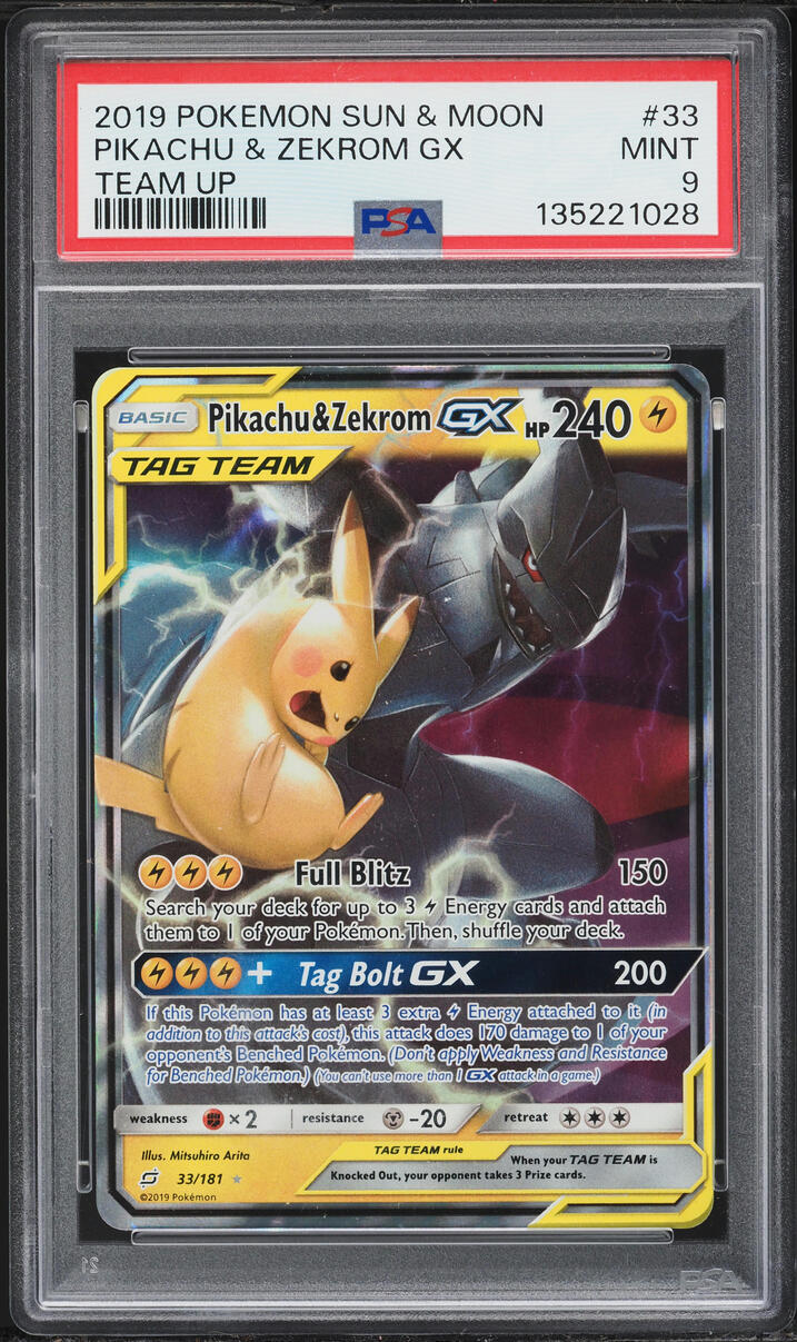 2019 Pokemon Sun & Moon Team Up Full Art Pikachu & Zekrom GX #33 PSA 9 MINT