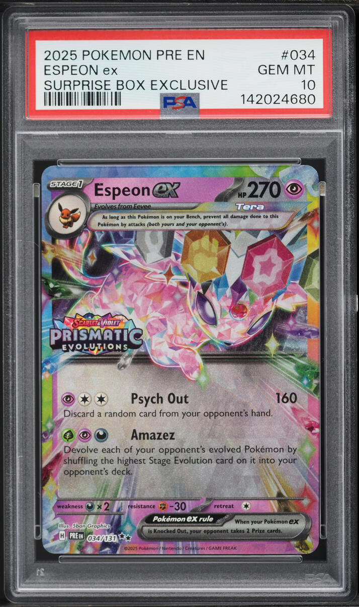 2025 Pokemon Scarlet & Violet Prismatic Evolutions Surprise Box Holo Espeon ex #34 PSA 10 GEM