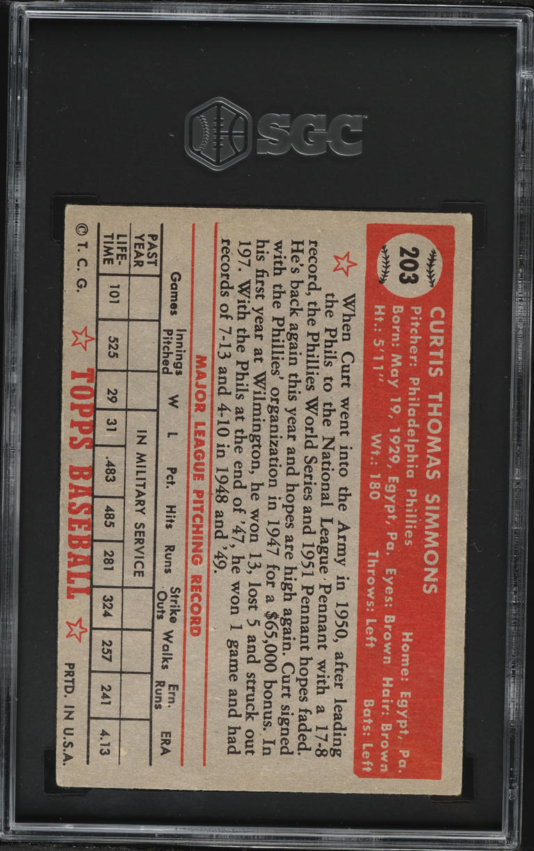 1952 Topps Curt Simmons #203 SGC 5 EX