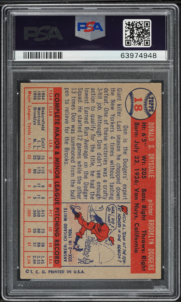 1957 Topps Don Drysdale ROOKIE #18 PSA 6.5 EXMT+