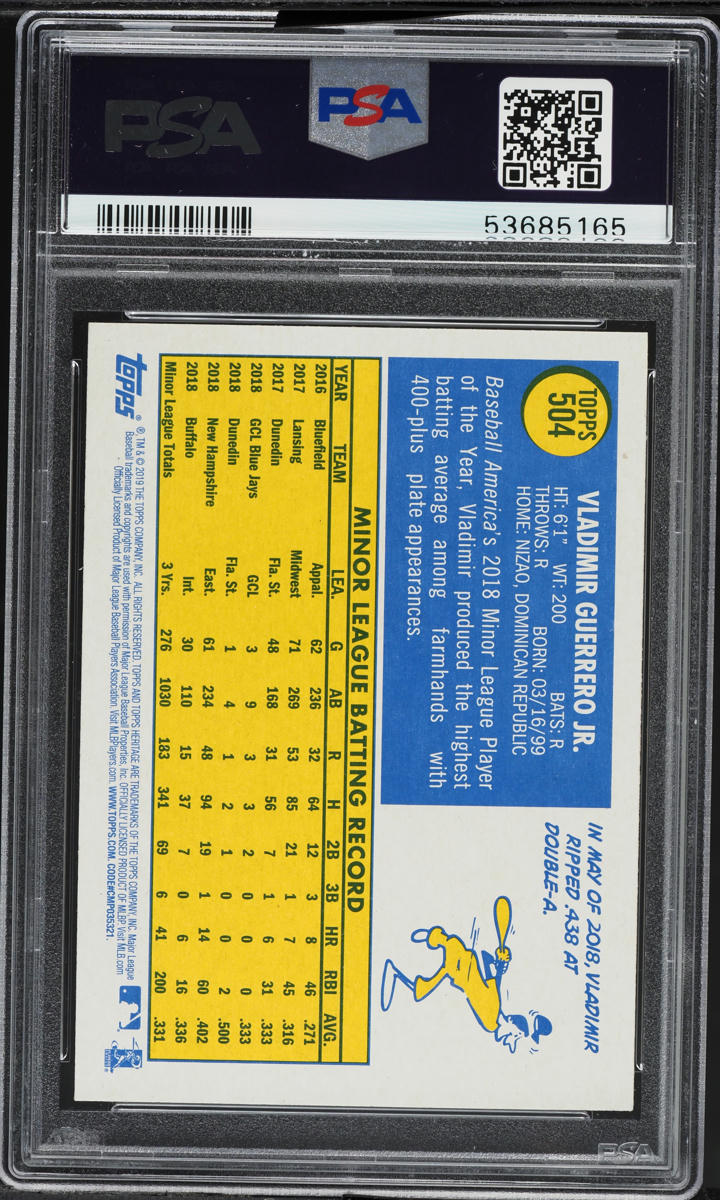 2019 Topps Heritage Vladimir Guerrero Jr. ROOKIE #504 PSA 10 GEM MINT