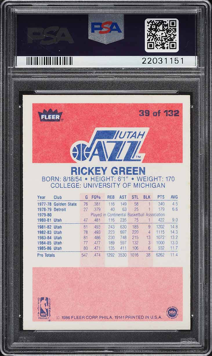 1986 Fleer Basketball Rickey Green #39 PSA 10 GEM MINT