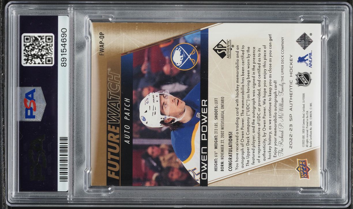 2022 SP Authentic Future Watch Owen Power ROOKIE PATCH AUTO DNA 10 /100 PSA 8
