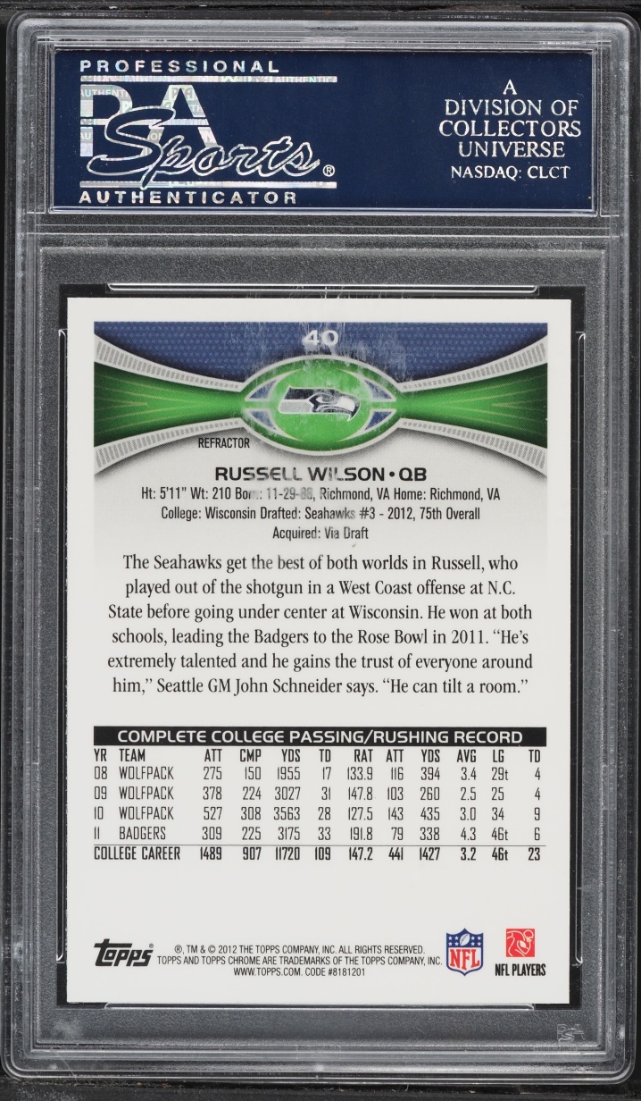 2012 Topps Chrome Refractor Russell Wilson ROOKIE #40 PSA 9 MINT