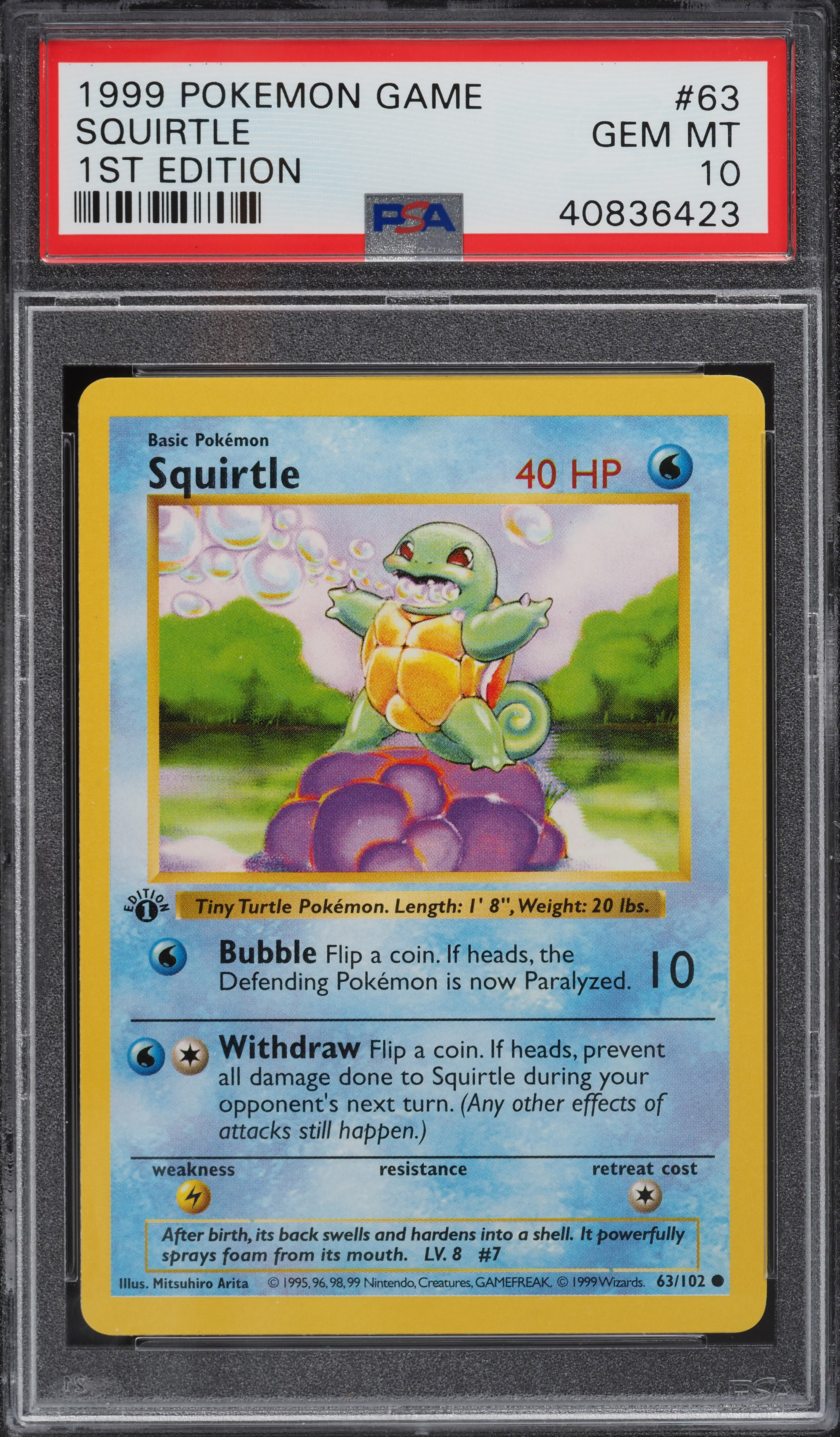 1999 Pokemon Base Set Shadowless 1st Edition Squirtle #63 PSA 10 GEM MINT