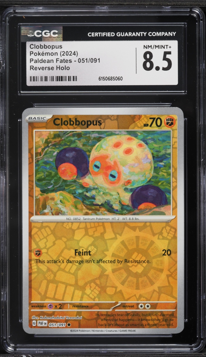 2024 Pokemon Scarlet & Violet Paldean Fates Reverse Holo Clobbopus #051 CGC 8.5 NM-MT+
