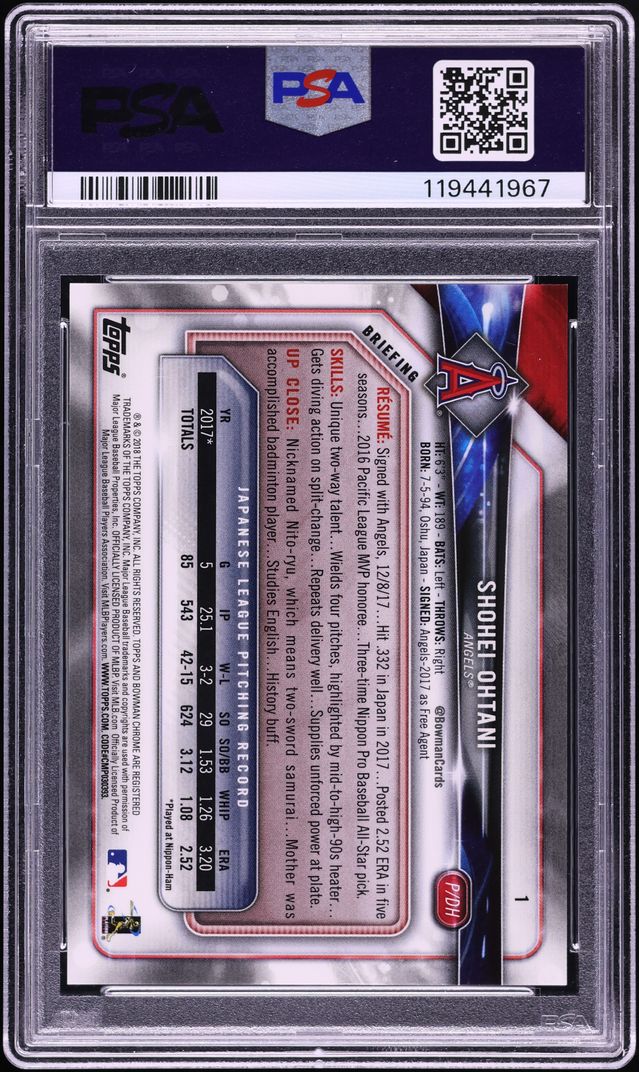 2018 Bowman Chrome Carrying Bag Shohei Ohtani ROOKIE #1 PSA 10 GEM MINT
