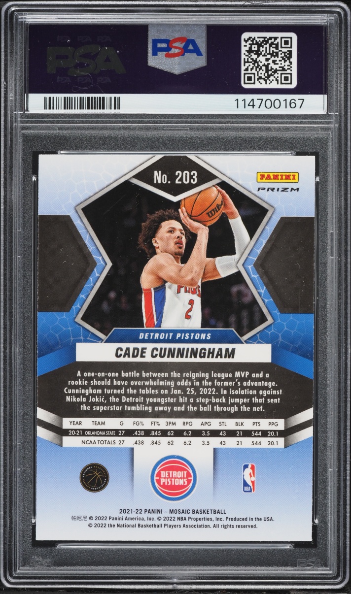 2021 Panini Mosaic Silver Fast Break Prizm Cade Cunningham ROOKIE #203 PSA 10 GEM MINT