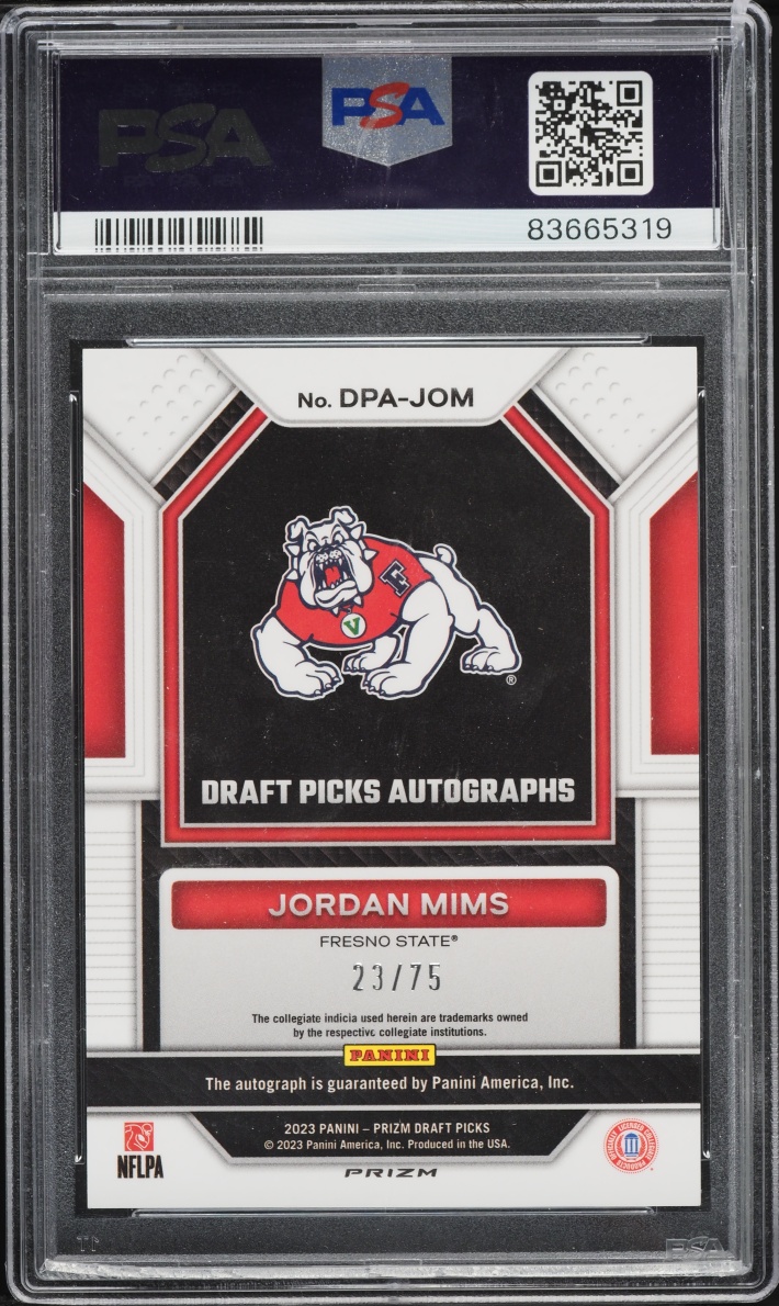 2023 Panini Prizm Draft Picks Blue Ice Jordan Mims ROOKIE AUTO /75 #DPA-JOM PSA 10 GEM MINT