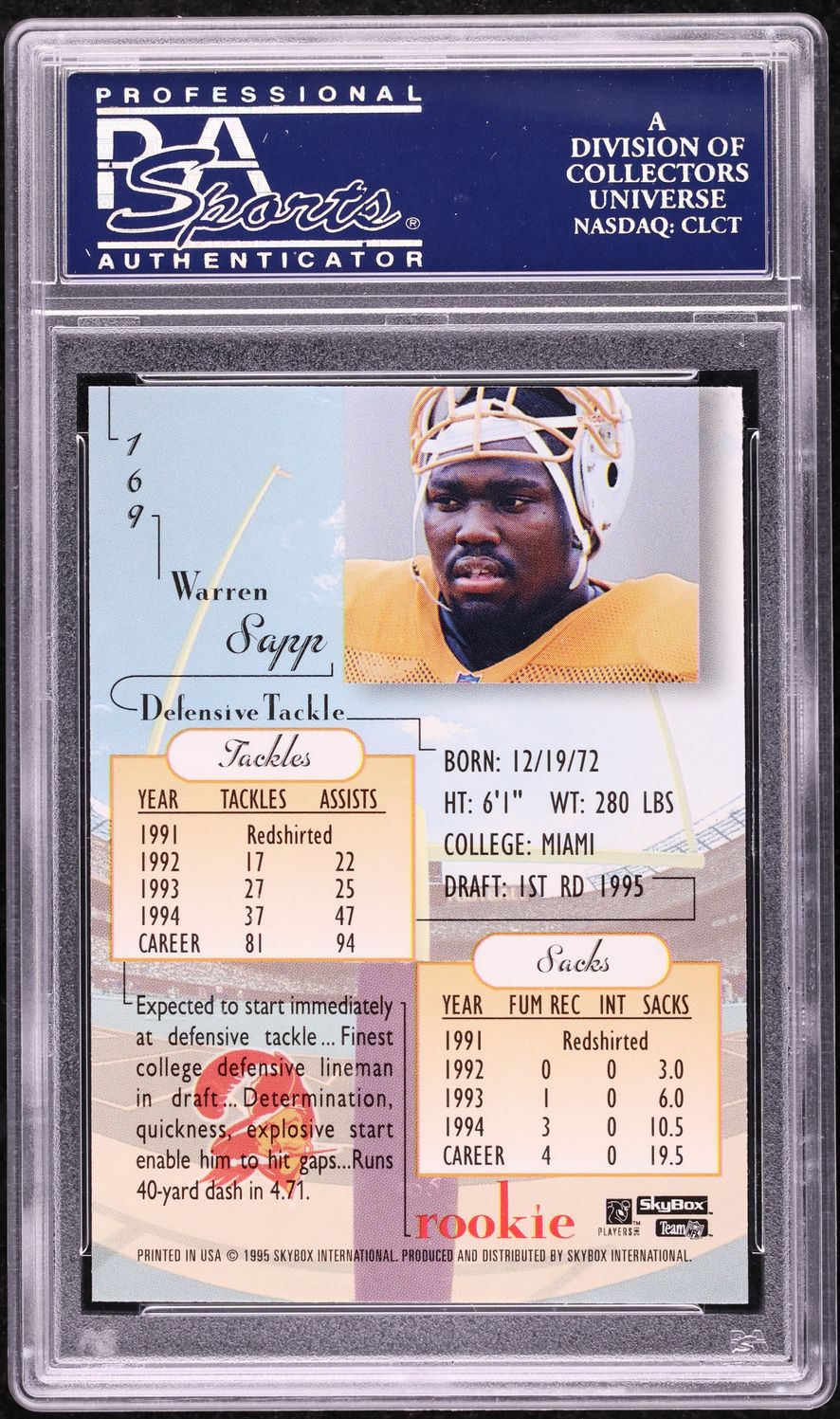 1995 Skybox Premium Warren Sapp ROOKIE #169 PSA 10 GEM MINT