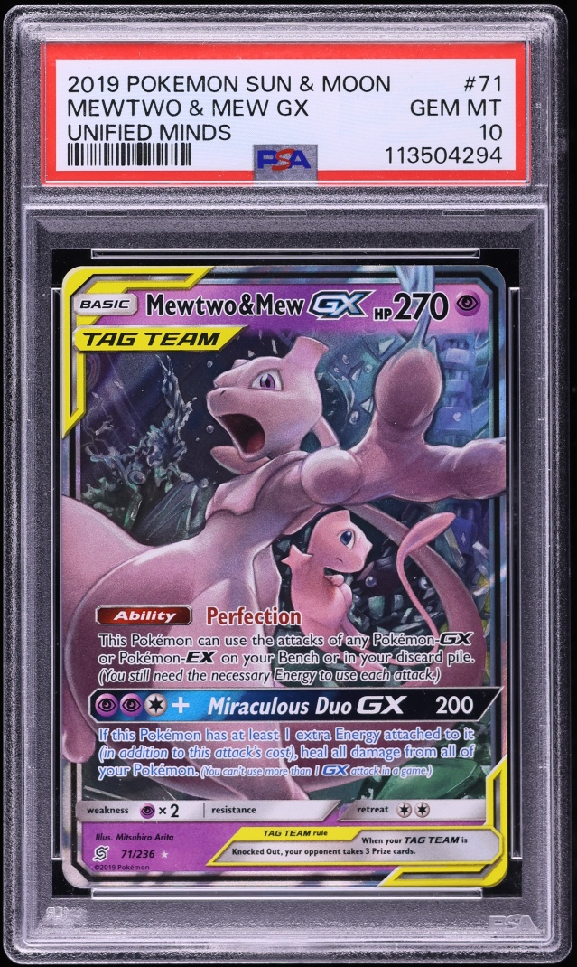 2019 Pokemon Sun & Moon Unified Minds Alt Art Mewtwo & Mew GX #71 PSA 10 GEM MINT