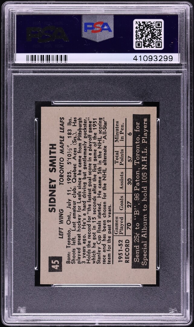 1952 Parkhurst Sid Smith #45 PSA 8 NM-MT
