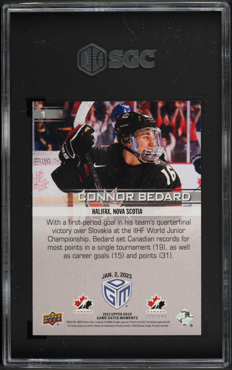 2023 Upper Deck Game Dated Moments Connor Bedard ROOKIE #1 SGC 10 GEM MINT