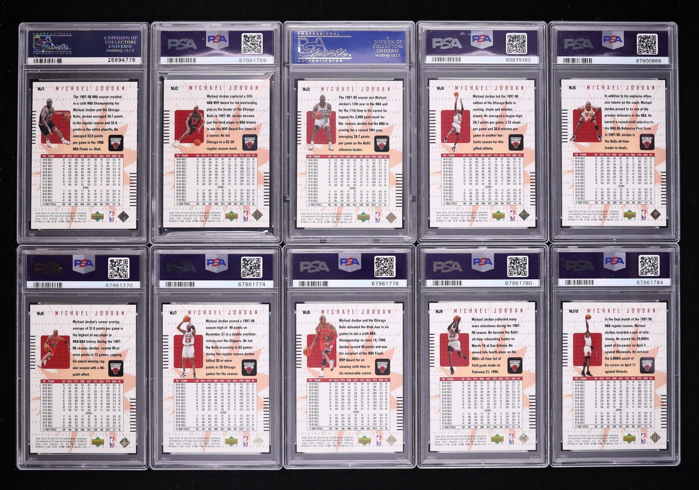 1998 Upper Deck Ionix MJ HoloGrFx Michael Jordan Complete Set #MJ1-10, ALL PSA 10 GEM MINT