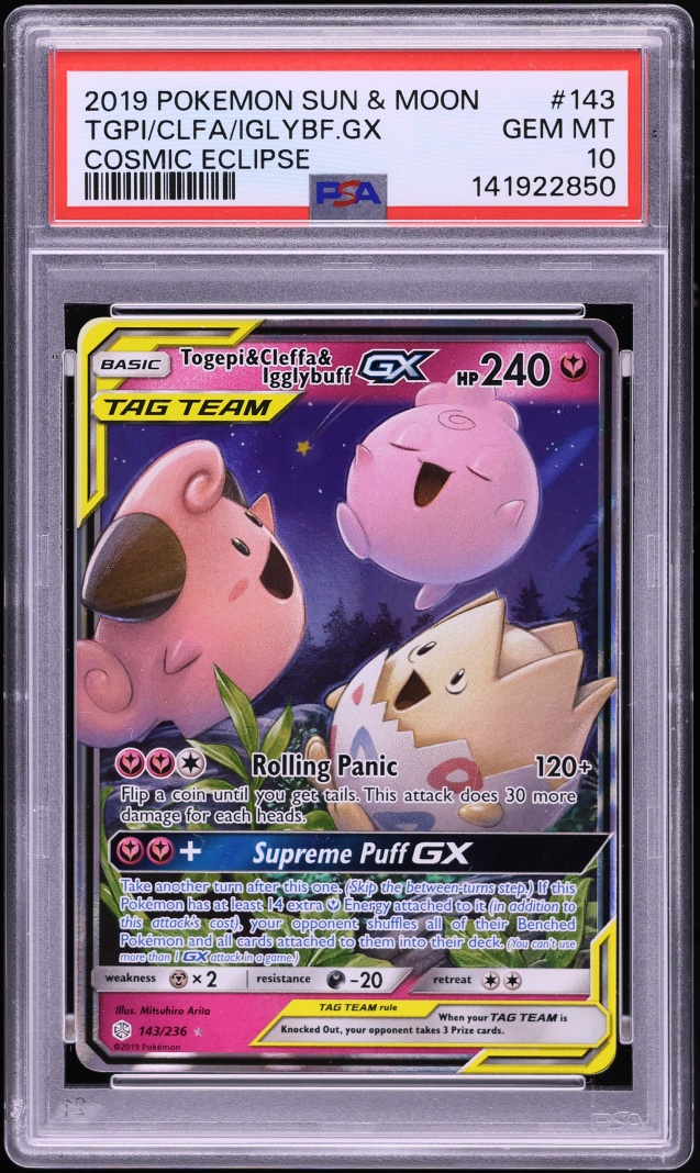 2019 Pokemon Sun & Moon Cosmic Eclipse Togepi Cleffa Igglybuff GX #143 PSA 10 GEM MINT