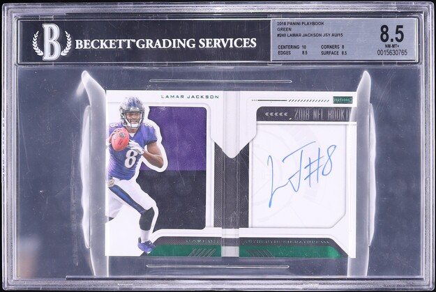 2018 Panini Playbook Green Lamar Jackson ROOKIE PATCH AUTO /15 #240 BGS 8.5 NM-MT+