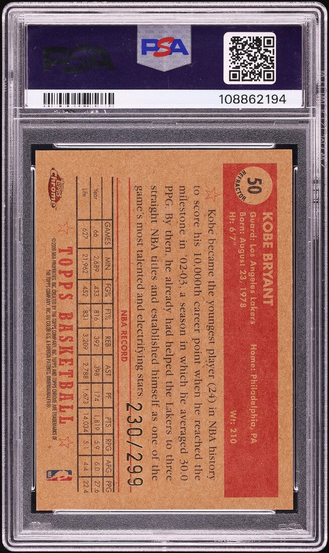 2005 Topps Chrome '52 Style Refractor Kobe Bryant /299 #50 PSA 9 MINT - Photo 2