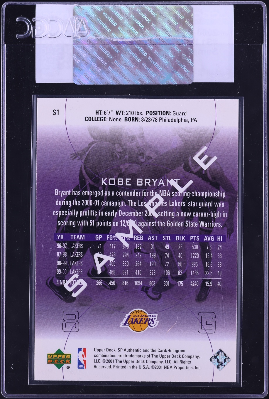 2000 SP Authentic Sample Kobe Bryant #S1 CGC AUTH