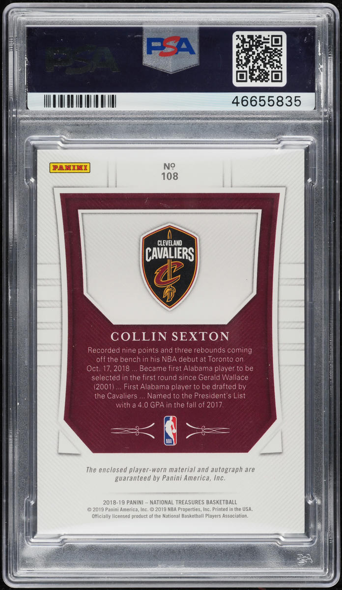 2018 National Treasures Gold Collin Sexton ROOKIE PATCH AUTO /10 #108 PSA 10 GEM - Photo 2