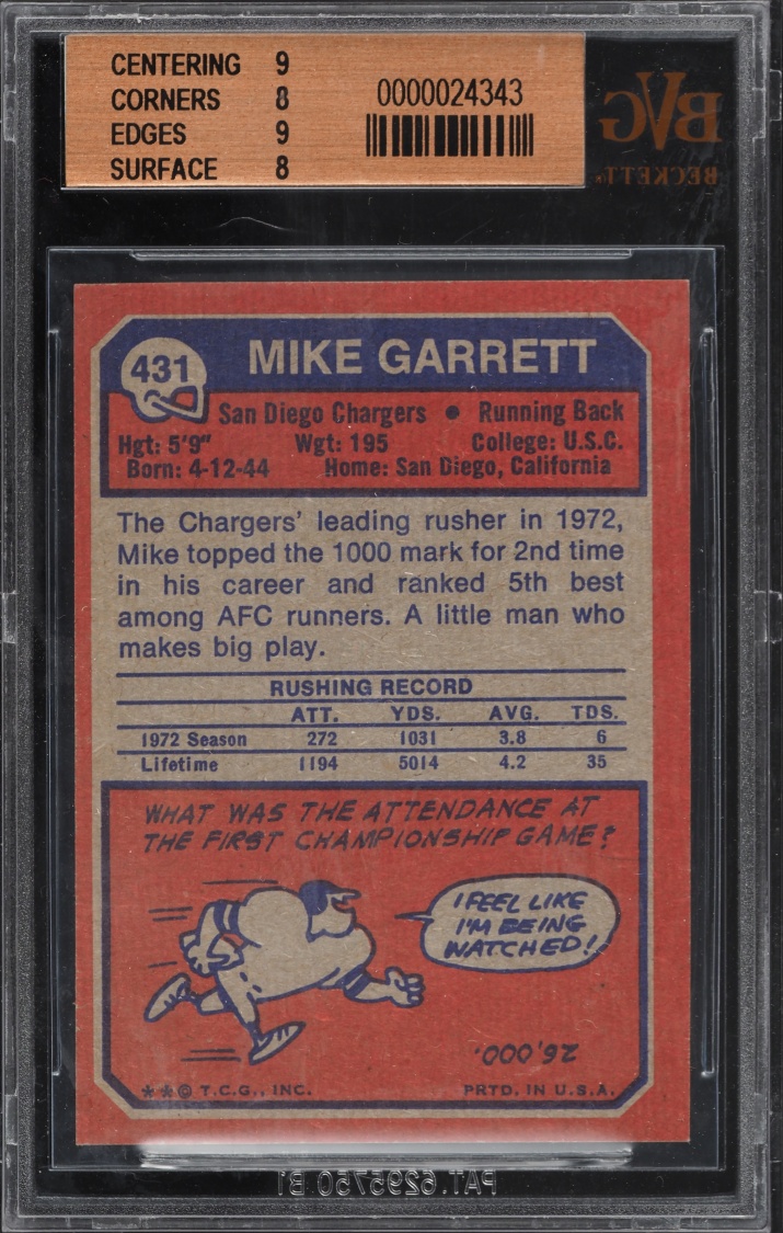 1973 Topps Football Mike Garrett #431 BVG 8 NM-MT