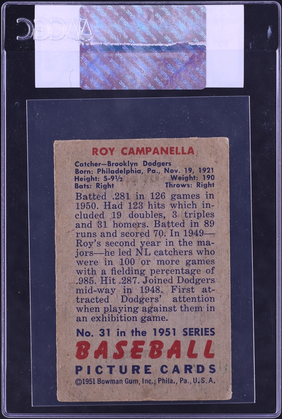 1951 Bowman Roy Campanella #31 CGC AUTH
