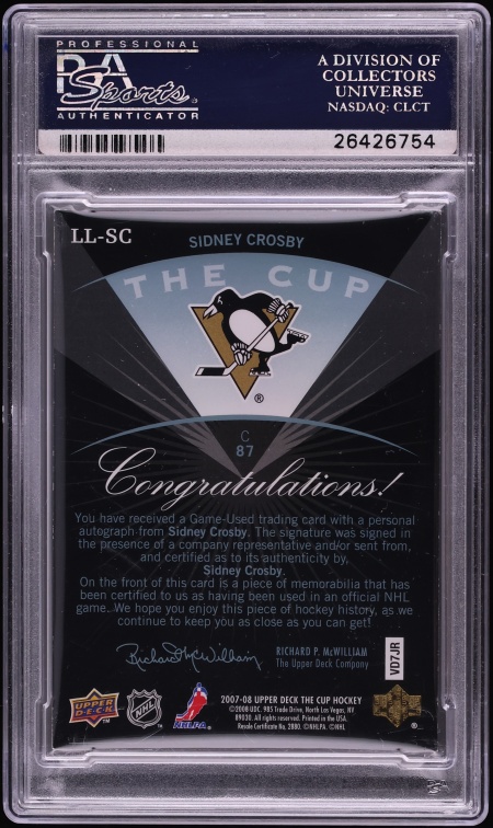 2007 Upper Deck The Cup Limited Logos Sidney Crosby PATCH AUTO /50 #LL-SC PSA 9 MINT