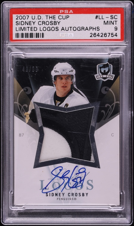 2007 Upper Deck The Cup Limited Logos Sidney Crosby PATCH AUTO /50 #LL-SC PSA 9 MINT