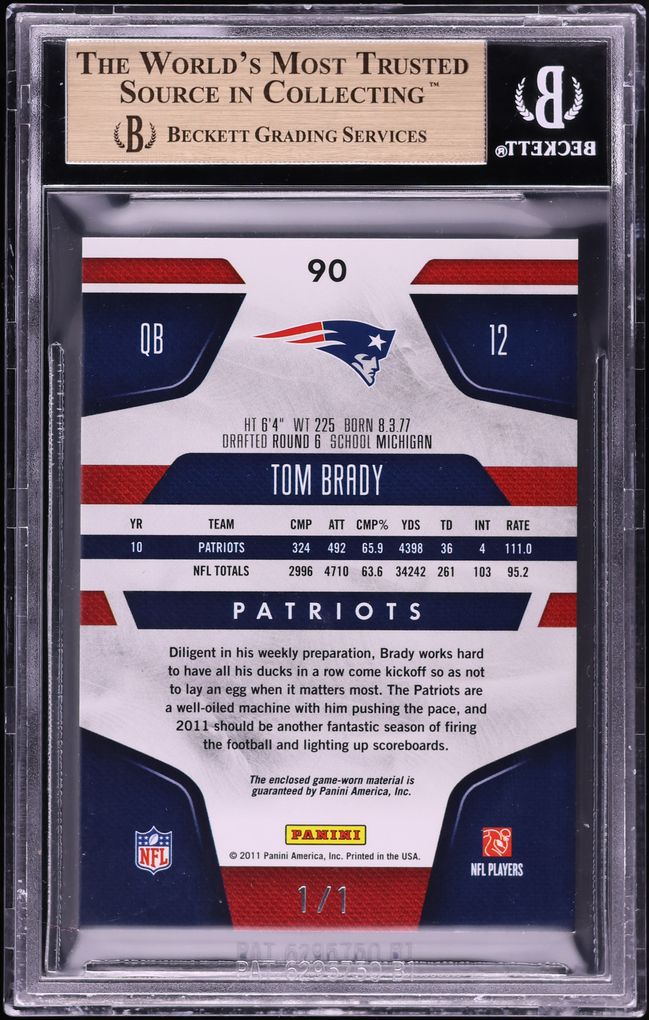 2011 Panini Certified Mirror Black Materials Tom Brady SHIELD PATCH 1/1 #90 BGS 9.5 GEM MINT