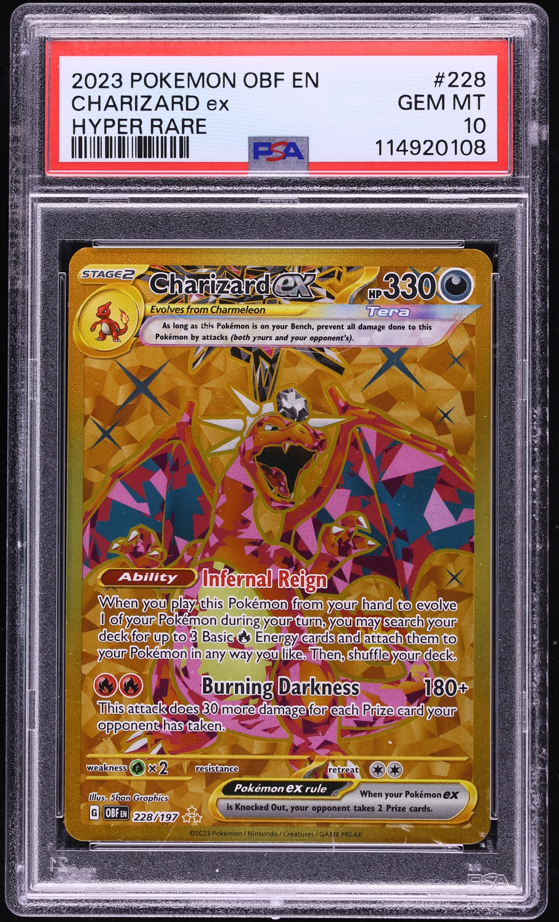 2023 Pokemon Scarlet & Violet Obsidian Flames Gold Rare Charizard ex #228 PSA 10 GEM MINT