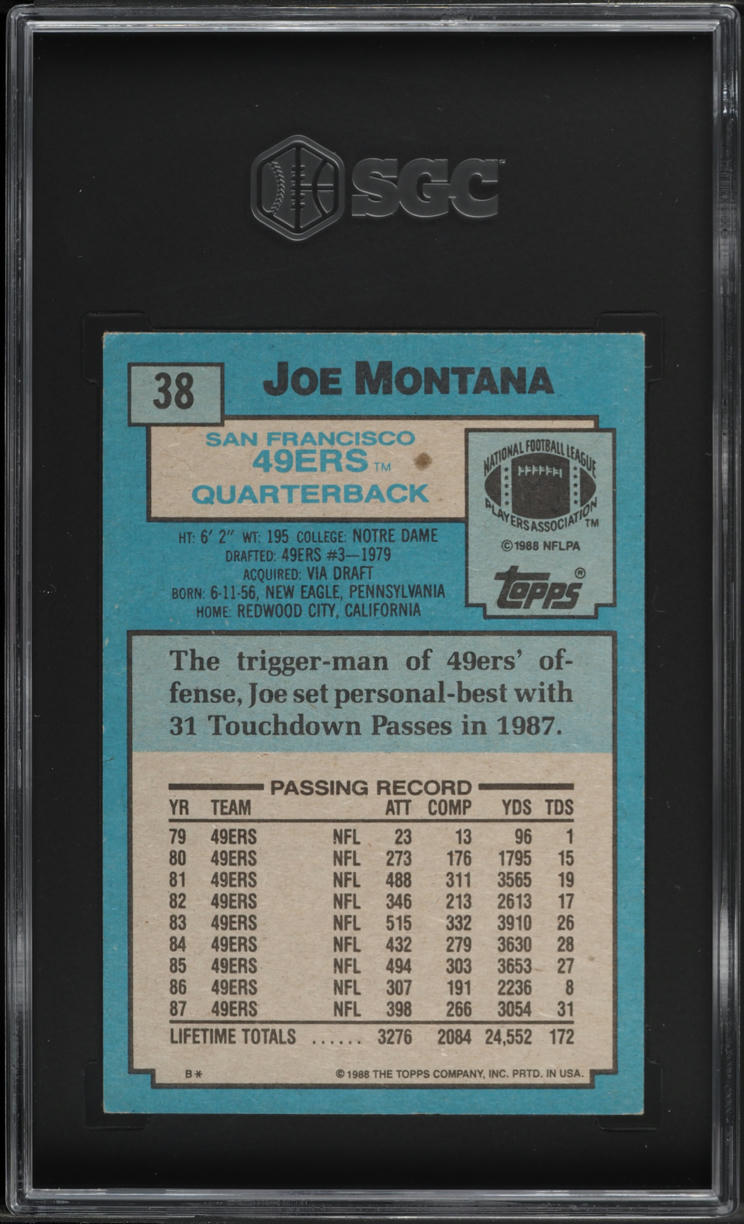 1988 Topps Football Joe Montana #38 SGC 6.5 EXMT+