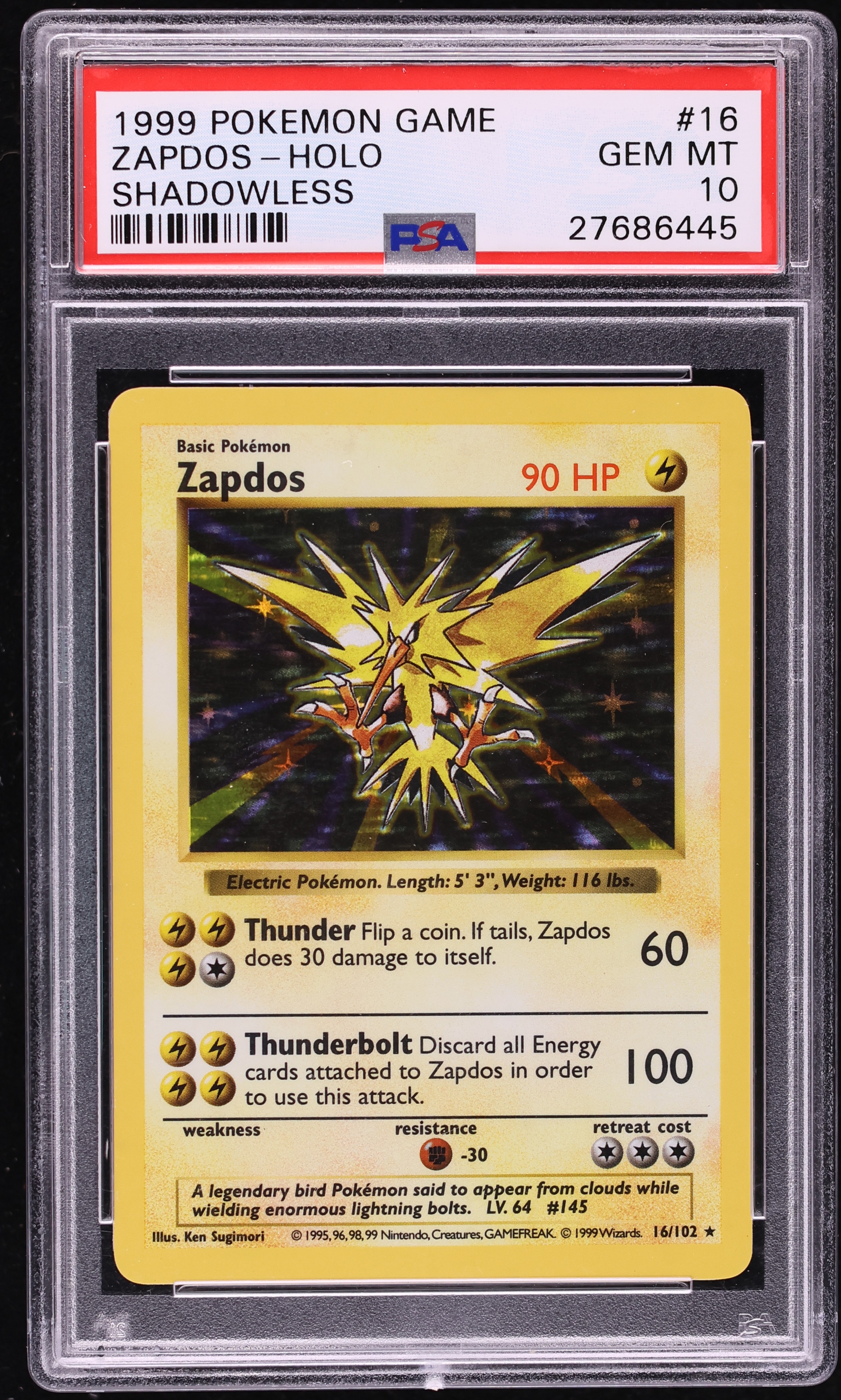 1999 Pokemon Base Set Shadowless Holo Zapdos #16 PSA 10 GEM MINT
