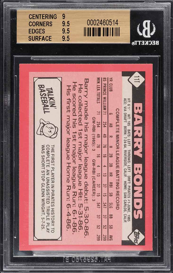 1986 Topps Traded Tiffany Barry Bonds ROOKIE #11T BGS 9.5 GEM MINT - Photo 2