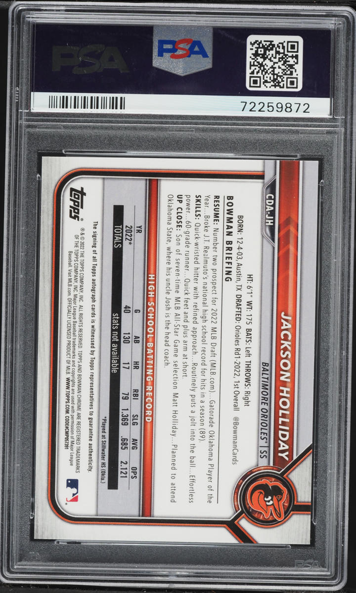 2022 Bowman Chrome Draft Jackson Holliday PROSPECT AUTO #CDA-JH PSA 10 GEM MINT