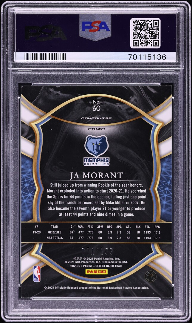 2020 Select Concourse Red Prizm Ja Morant /199 #60 PSA 10 GEM MINT