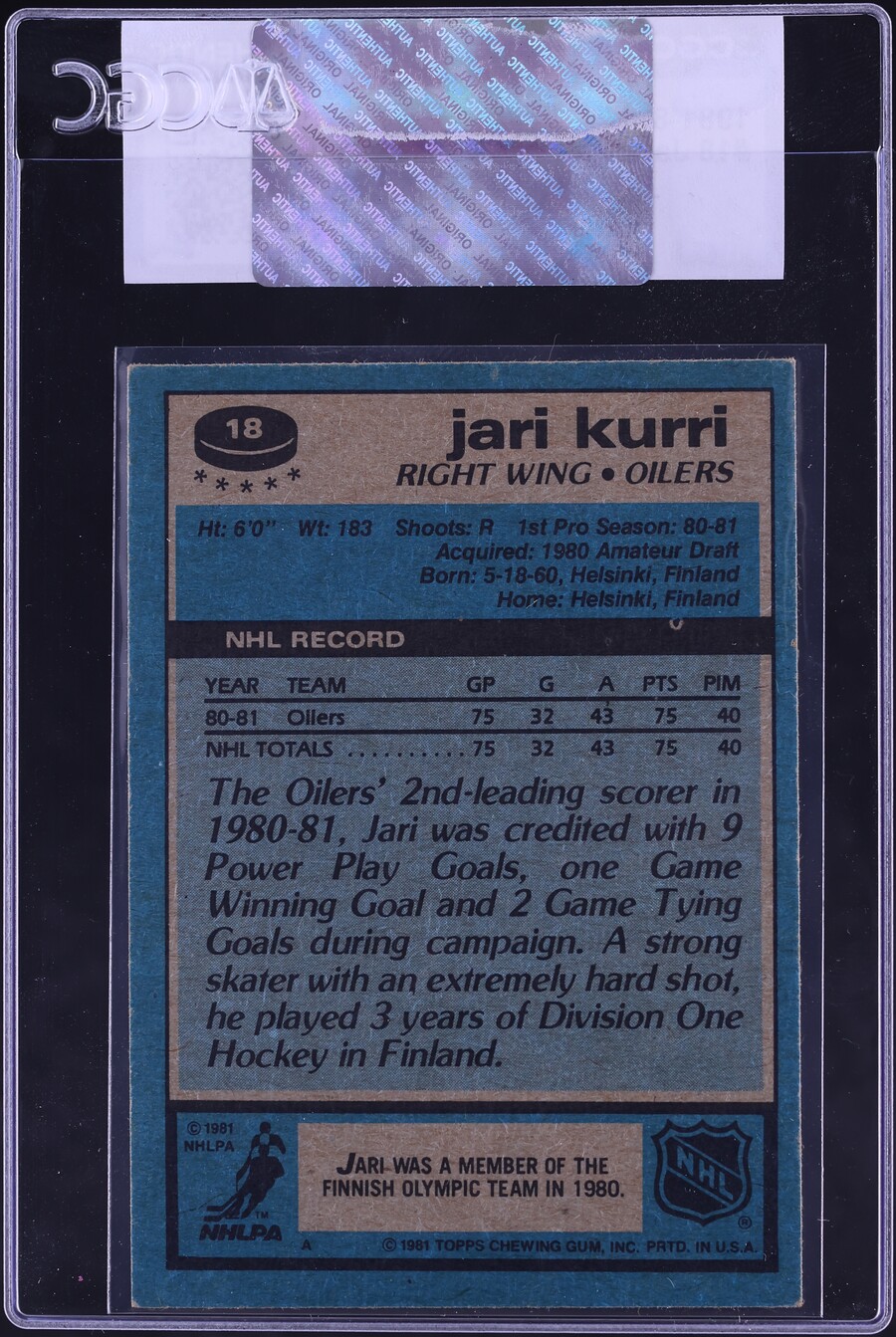 1981 Topps Hockey Jari Kurri ROOKIE #18 CGC AUTH