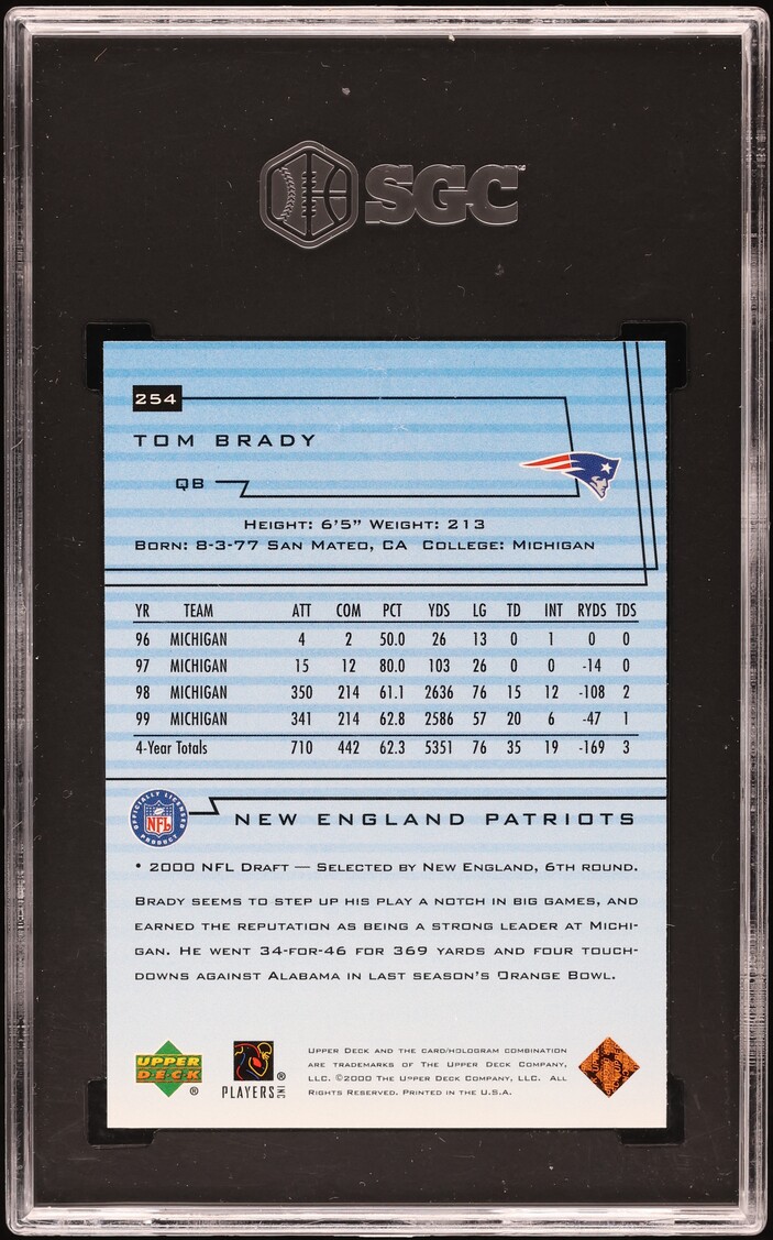 2000 Upper Deck Football Tom Brady ROOKIE #254 SGC 9.5 MINT+