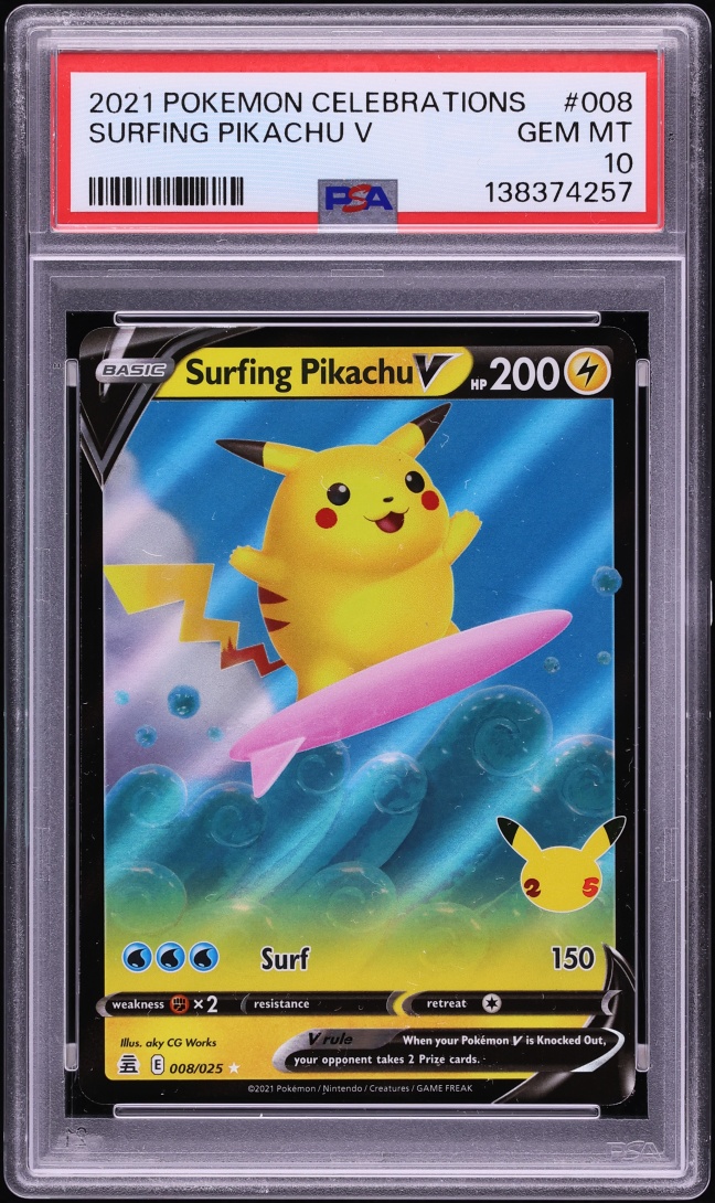 2021 Pokemon Sword & Shield Celebrations Holo Surfing Pikachu V #8 PSA 10 GEM MINT