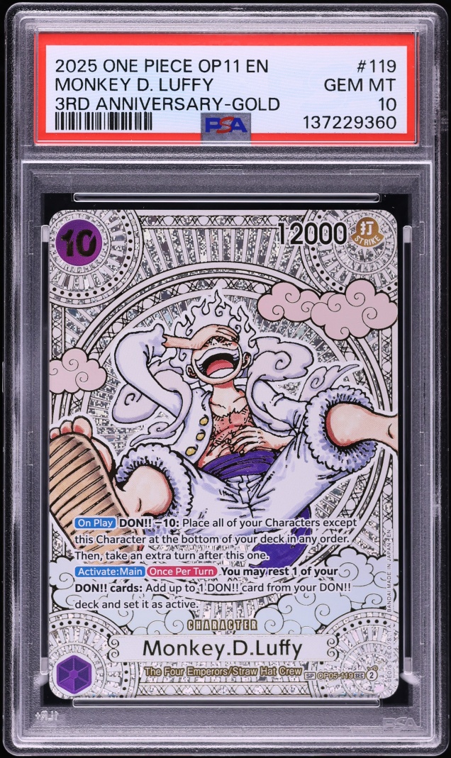 2025 One Piece A Fist Of Divine Speed 3rd Anniversary Gold Monkey D. Luffy #OP05-119 PSA 10 GEM