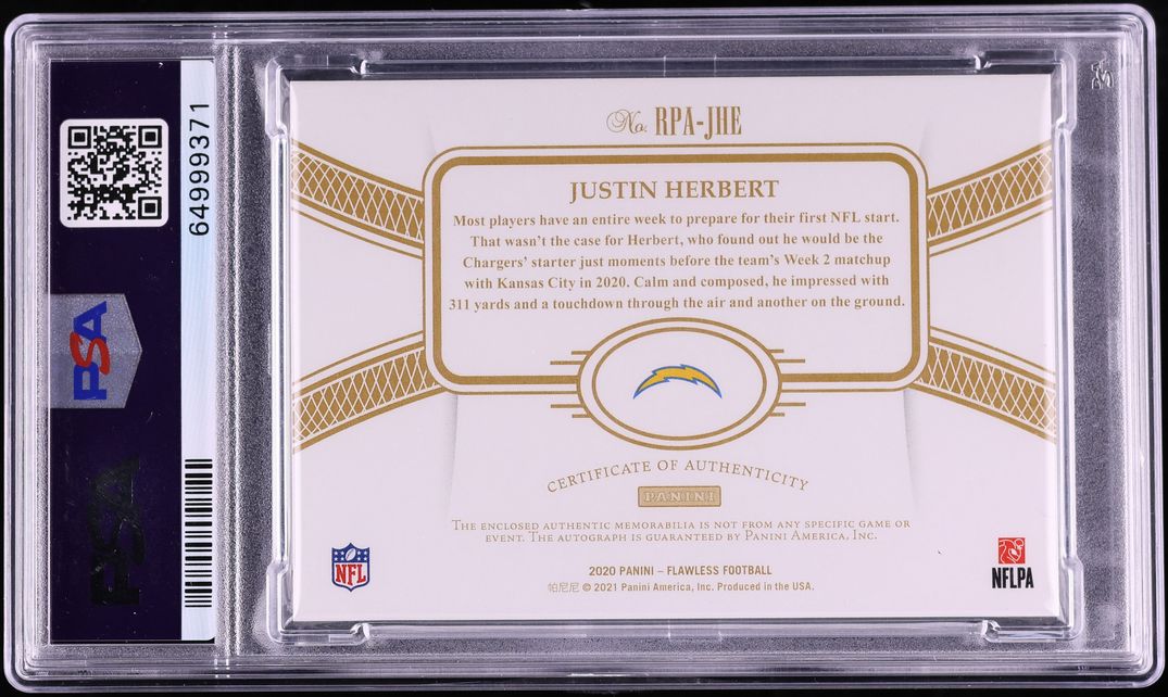 2020 Panini Flawless Justin Herbert ROOKIE PATCH AUTO /25 #RPA-JHE PSA 10 GEM MINT