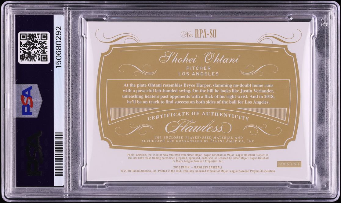 2018 Panini Flawless Ruby Shohei Ohtani ROOKIE PATCH AUTO /20 #RPASO PSA 10 GEM MINT