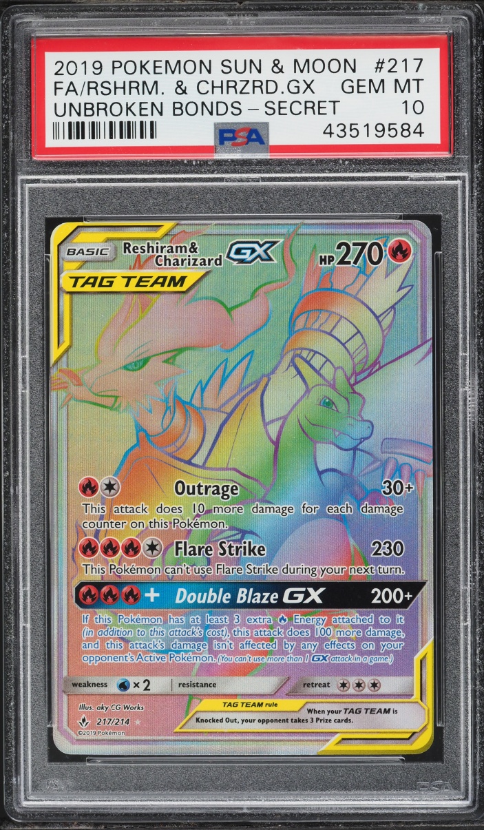 2019 Pokemon Sun & Moon Unbroken Bonds Rainbow Rare Reshiram Charizard GX #217 PSA 10 GEM MINT