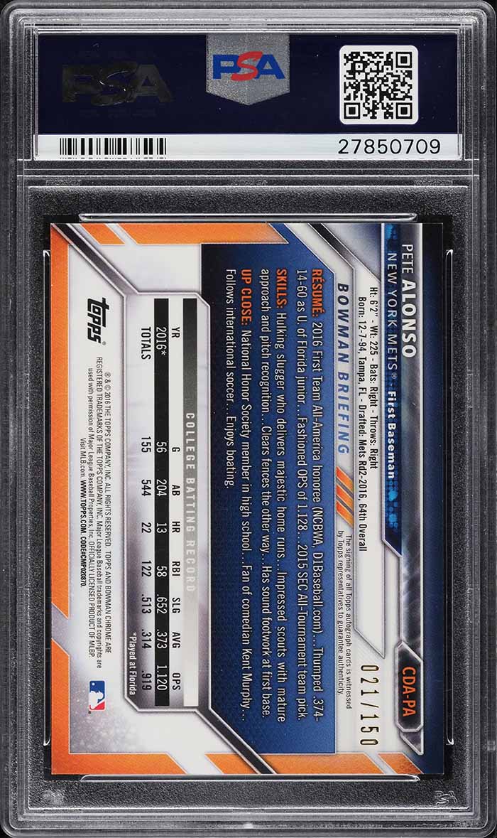 2016 Bowman Chrome Blue Refractor Pete Alonso ROOKIE AUTO /150 PSA 10 GEM MINT