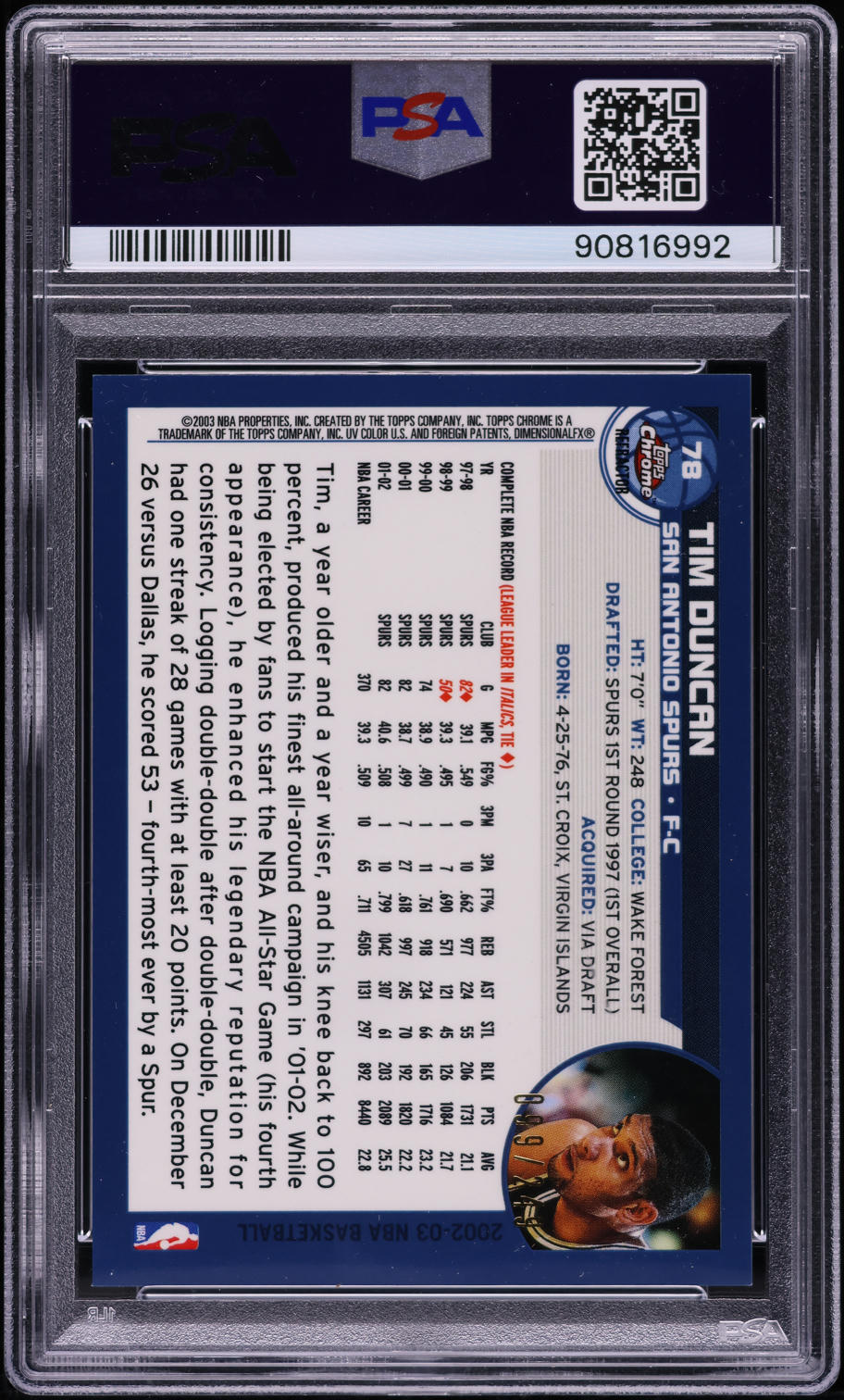 2002 Topps Chrome White Refractor Tim Duncan /249 #78 PSA 10 GEM MINT