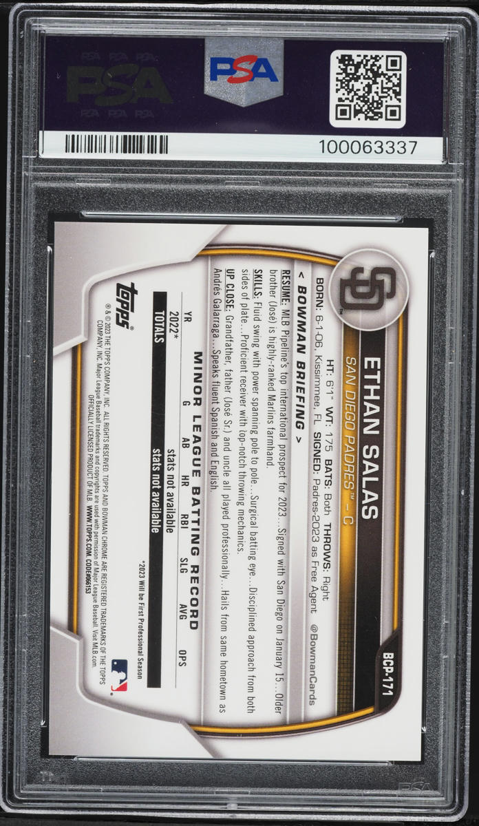 2023 Bowman Chrome Sapphire Yellow Ethan Salas PROSPECT /50 #BCP-171 PSA 10 GEM MINT